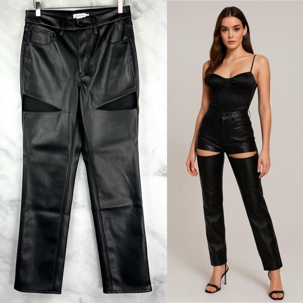 NWT Good American Good Legs Faux Leather Pants Cut-out Straight Leg Black 10